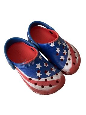 Iconic Comfort CROCS Toddler Size C9 Shoes Classic American Flag Red White Blue